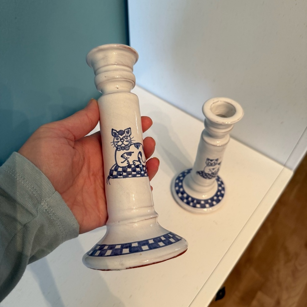Vintage Blue & White Handpainted Pottery Candlesticks (Set of 2) Cat Checkers